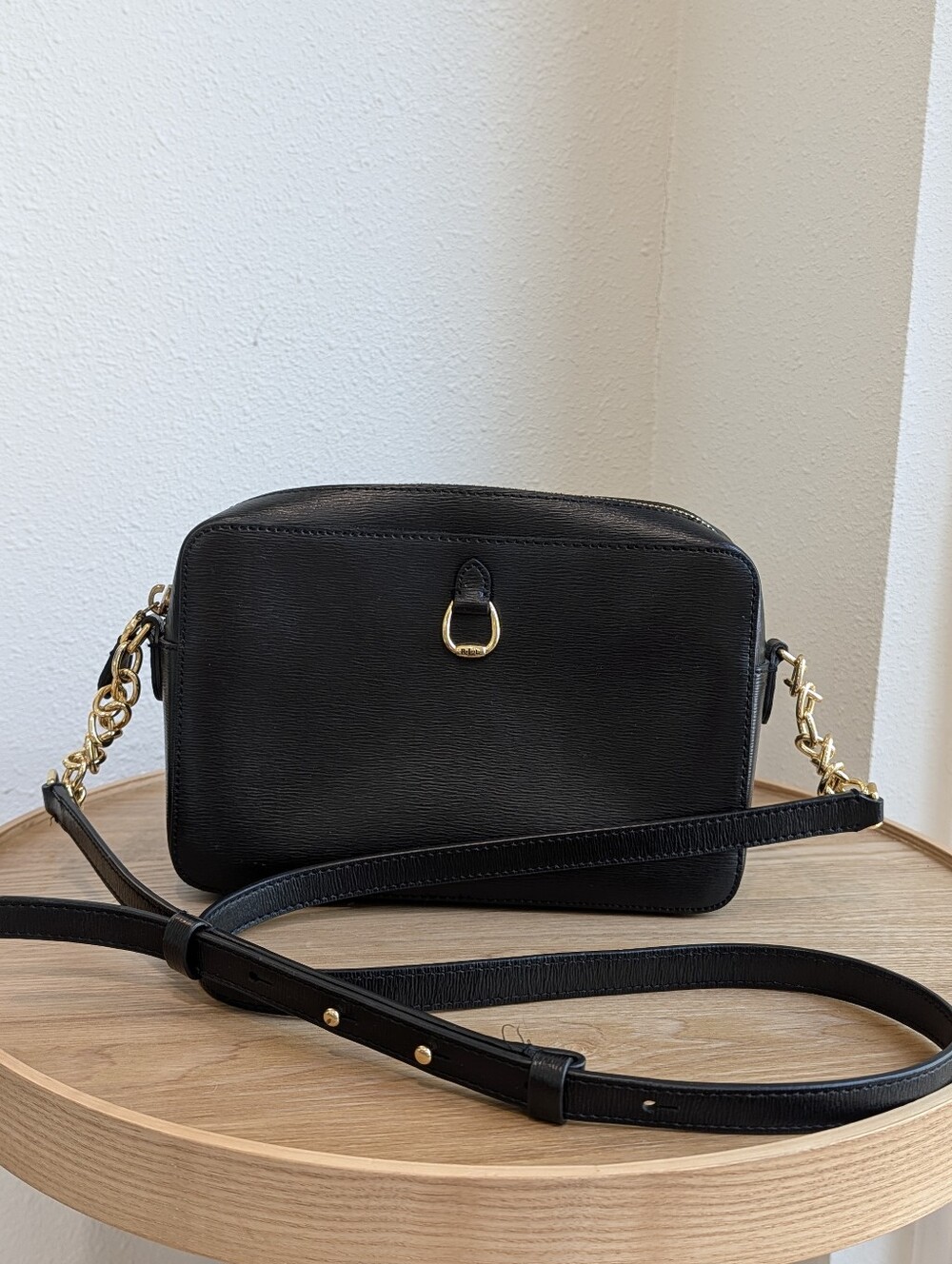 Lauren Ralph Lauren Black Leather Crossbody with Gold Chain Accents